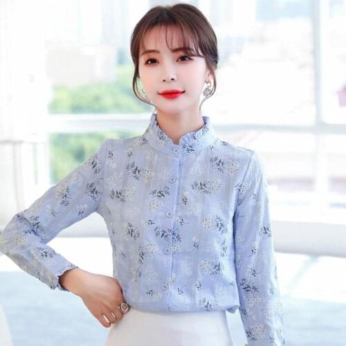 Womens Spring Autumn Style Cotton Blouse Shirt Womens Stand Collar Button Printed Long Sleeve Elegant Loose Tops SP1304