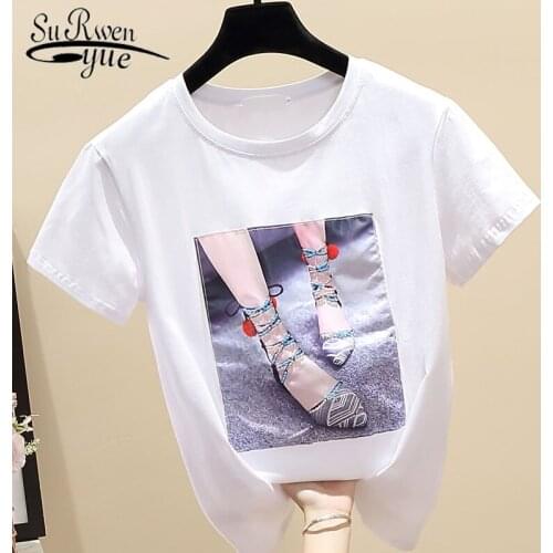 Korean Printed Women Tops Vintage White Short Sleeve T-shirt O-neck 2020 Summer Loose Tops Fashion Ladies Clothing 8642 50
