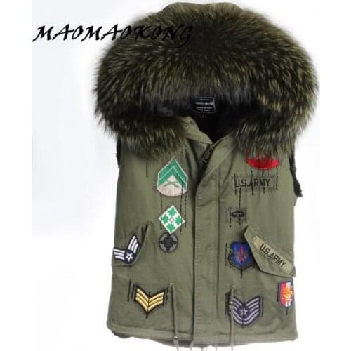 2017 New Winter Fur Vest Hooded British Style Army Green Color Real Raccoon Fur Collar Women Gilets Brand Hot Sale