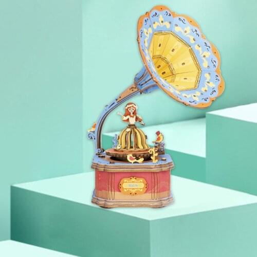 3D Wooden Puzzles DIY Vintage Gramphone Music Box Fun and Educational Model Toys, Birthday Gift for Kids Boys and Girls