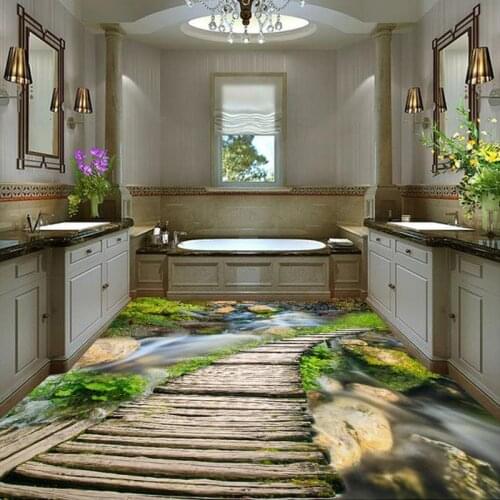 Beibehang Custom Photo Floor Wallpaper Creek Wooden Bridge Nature Landscape 3D Floor Decor Paintings PVC Self-adhesive Floor