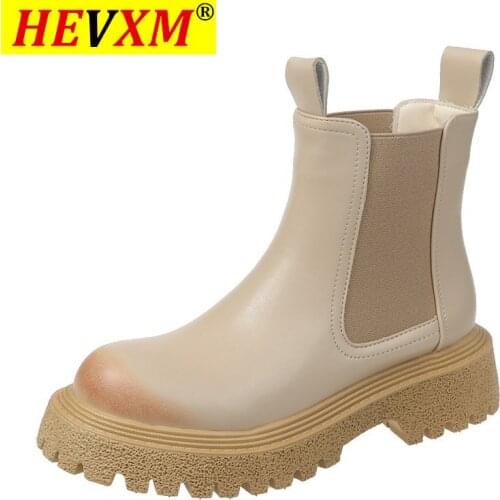 2021 Autumn Woman Fashion Ankle Boots Platform Boots INS Ulzzang Womens Leather Slip On Shoes Women Thick Sole Boots Round Toe