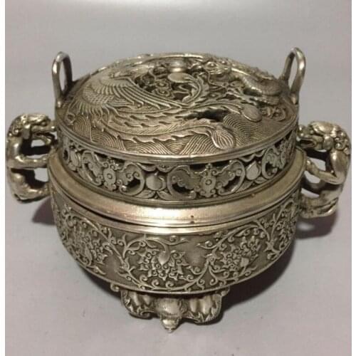 China White copper dragon phoenix incense furnace crafts statue