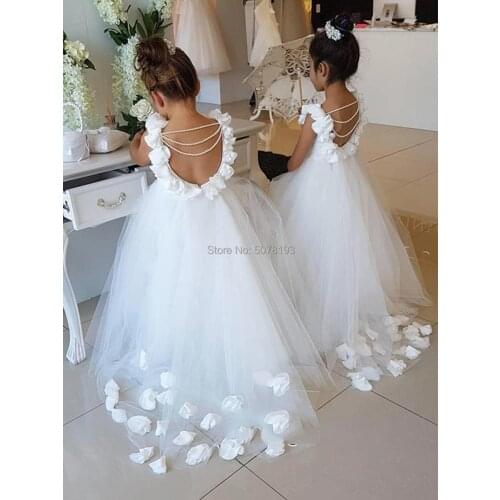 Lovely scoop sleeveless A-line floor-length sweep train tulle flower girl dresses appliques&flowers free shipping