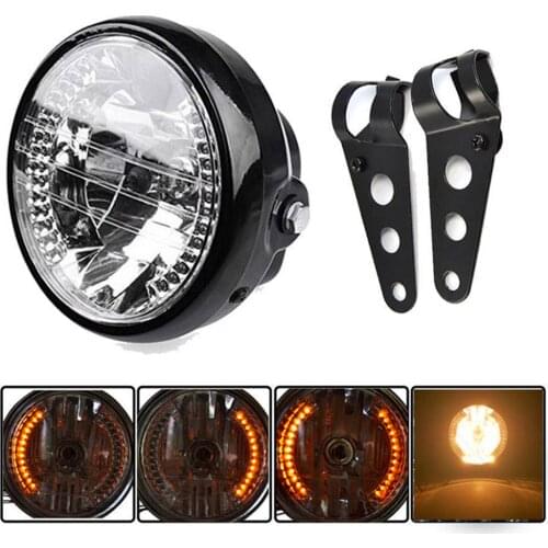Motorcycle Retro Front Headlamp Lamp Moto Round Light Holder LED Turn Light Black Bracket Accessories Universal Black Scooter