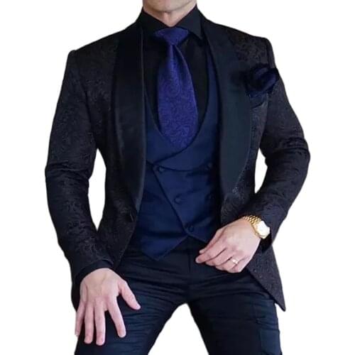 Mens Wedding Suits 2021 Italian Design Custom Made Navy Smoking Tuxedo Jacket 3 Piece Groom Terno Suits For Men