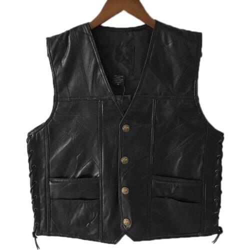 Punk Black Leather Vest For Men Genuine Leather Biker Vest Lace Button Autumn Sleeveless Jacket For Men