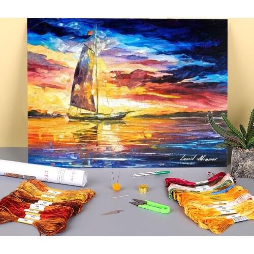 Evening Sailing In Cancun Printed Fabric 11CT Cross Stitch Set DIY Embroidery DMC Threads Painting Handiwork Sewing Mulina