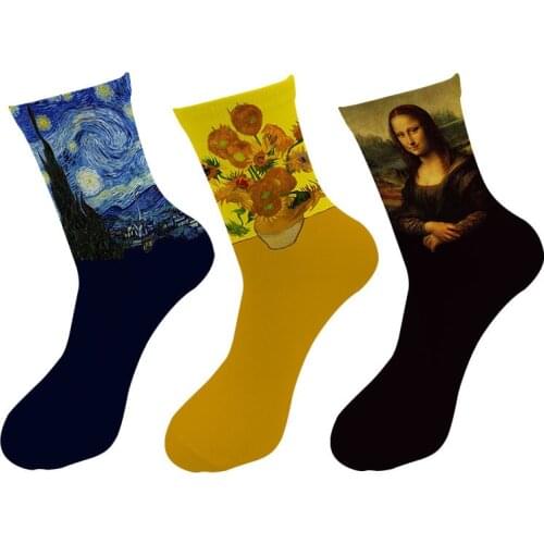 Retro Mona Lisa Sunflower Socks Mens Women Oil Painting Unisex Printed Cotton Socks Spring Fall Art Image Socks Naisten Sukat