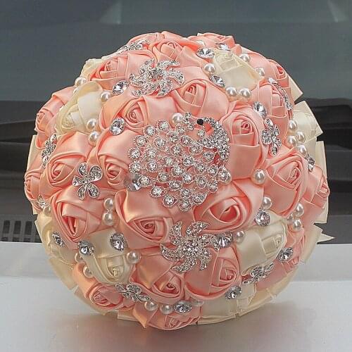 New arrived champage+ cream slik rose flower bouquet artificial bridal bouquet