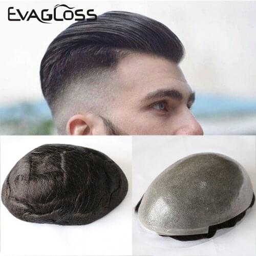 Natural Hairline Handmade Men Wig Hairpiece Male Human Hair Wig 0.10mm Full PU Mens Toupee Hair Unit Full Pu Replacement System