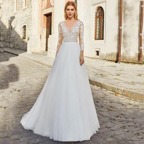 Long Sleeve V-neck Lace Appliques Backless Tulle A-Line Wedding Dress 2021 Vestido De Noiva Bridal Gown