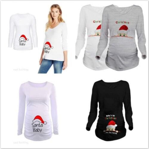 Pregnant Woman Christmas Long Sleeve Santa Baby Print T Shirt Christmas Side Ruched Maternity Top Pregnancy Clothes Pregnant Tee
