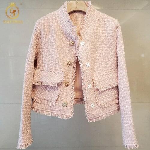 High Quality Newest Fashion Designer Pink Woolen Tweed Jacket Womens Temperament Long Sleeve Plaid Tassel Elegant Outwear
