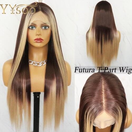 YYsoo Long 33/103# Futura Synthetic Hair T Part Wigs For Women Girls Silky Straight Heat Resistant 13x2 Lace Front Balayage Wig