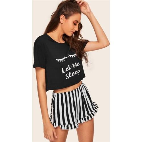 Women Sleepwear SHEIN Black Graphic Tee Frilled Striped Shorts Round Neck Short Sleeve Set 2020 Summer Women Patchwork Sleepwear
