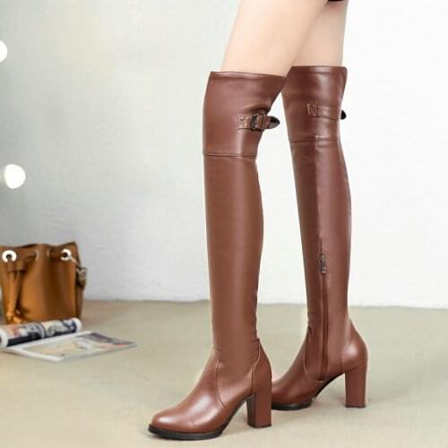 Winter Women Over the Knee Boots Faux Leather Square Root Round Toe Square Root Side Zipper Buckle Boots Black Brown 2022 Series