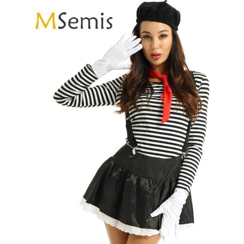 MSemis Ladies Women Adults Fantasia MIME Cosplay Costume French Artist Clown Circus Outfits Long SleeveStriped Top Shirts Skirt