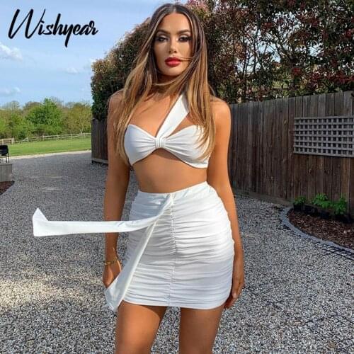 Wishyear Fashion Ruched One Shoulder Strips Top And Skirt Two Piece Set Elegant Club Backless Sleeveless Summer Matching Set