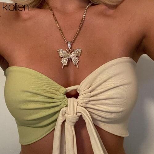 KLALIEN Summer Sexy Hollow Out Bandage Patchwork Knit Slim Crop Top Women 2021 New Hot Sale Casual Streetwear Female Camisole