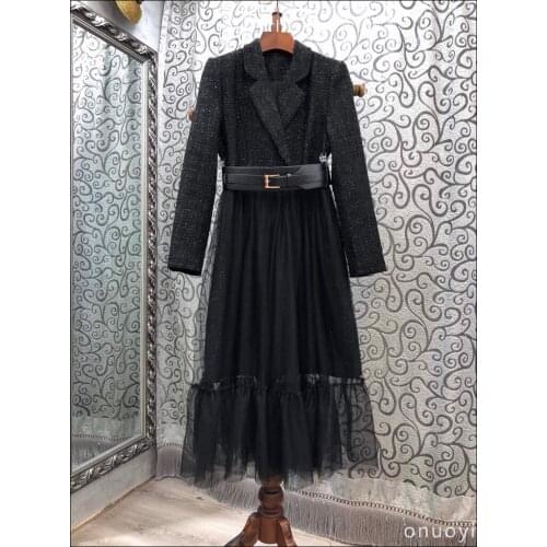 Autumn Runway Women Black Tweed Long Suit Dress High Quality Elegant Notched Ruffle Mesh Patchwork Woolen Blazer Dress Vestidos