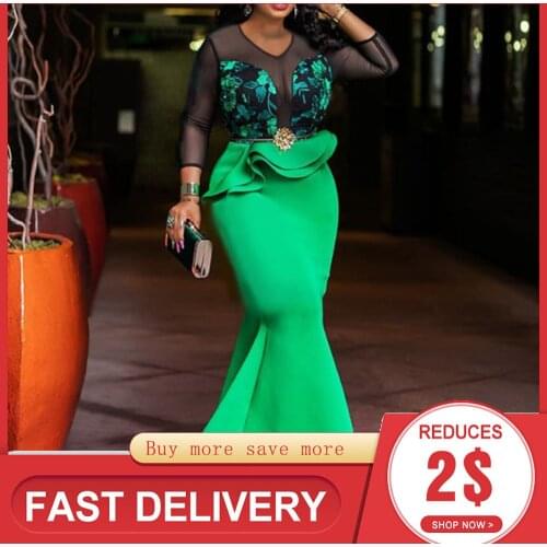 2021 Women Long Mermaid Party Dresses Sexy African Lace Printed High Waist Vestiods Robe Elegant Trumpet Evening Dresses Green