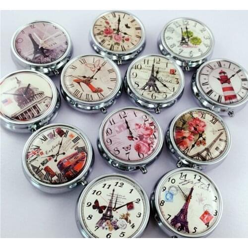 30pcs/lot Metal Round Vintage Tower clock Pill Boxes Holder 3 Grids Medicine Case Small Portable Case Container Splitters MR198