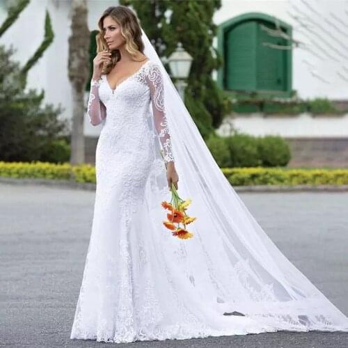 African Wedding Dresses for Women Mermaid 2021 Lace Appliques Long Sleeve White Bride Dress Robe Mariage Vestido De Noiva