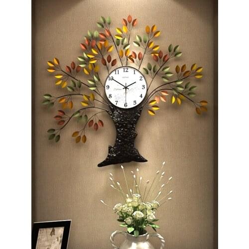 American Metal Lukcy Tree Shape Wall Clocks Craft Decoration 3D Stereo Wall Murals Home Livingroom Wall Hanging Clock Ornaments