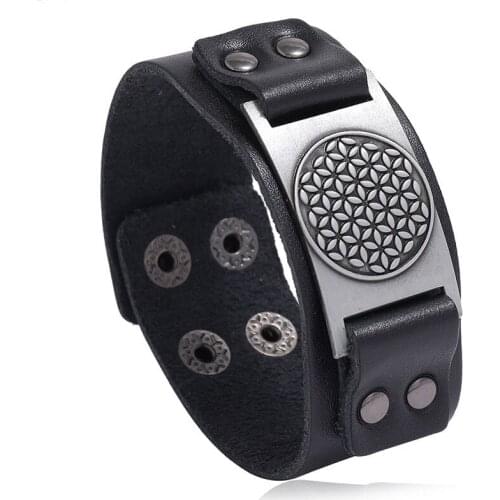 Jessingshow Adjustable Easy Buckle Wide Leather Bracelets Flower Of Life Bracelets Vintage Amulet Jewelry Cuff Bangles Men Gift