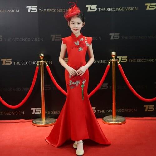 Chinese New Year Costume Red Wedding Dress For Kids Flower Girl Oriental Evening Dresses Long Satin Cheongsam Embroidery Qipao
