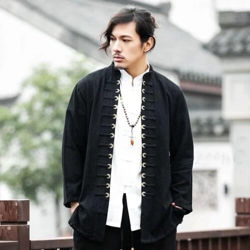 Aransue 2021 New Chinese Style Mens Cardigan Top Wholesale Copper Coin Buckle Leisure Retro Shirt Outwear