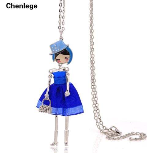 Cute girls long chain necklaces jewelry free shipping doll pendants necklaces 1pcs big choker handmade necklace with mesh dress
