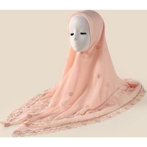 Beautiful Lace Edges Chiffon Hijab With Diamonds Luxury Brand Square Scarf Islamic Head Wraps Wedding Travel Sunscreen 110X110cm