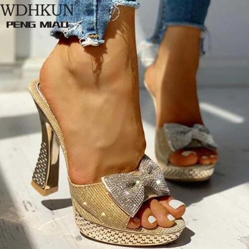 WDHKUN Trendy Fashion Female Bowknot Sexy Slippers 2021 Summer Slippers Women Platform Crystal Thick High Heels Shoes Woman