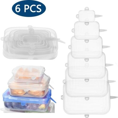 6PCS Rectangular Silicone Stretch Lids Universal Airtight Food Wrap Cover Kitchen Wrap Seal Fresh Keeping Food Silicone Cover