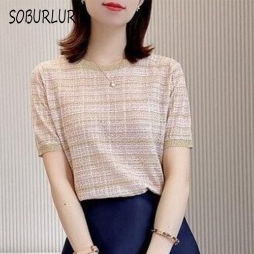 SOBURLUR 2021 Summer New Basic Knitted Crop Top Womens T-shirt Shirt Woman Clothes Short Sleeve Loose Tops