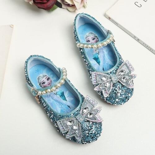 Disney Spring Summer New Frozen Leather Shoes Crystal Bow Sequin Childrens casual shoes Princess elsa Crystal sandals