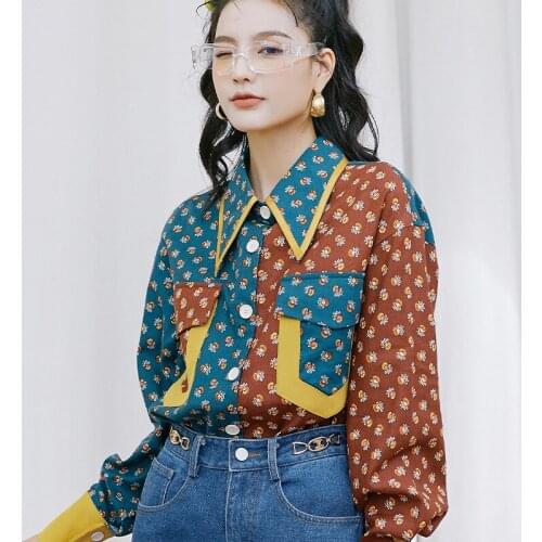 Women Shirt Floral Hit Color Loose Lapel Single-breasted Shirt