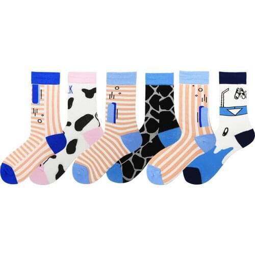 Harajuku Style Women Socks Kawaii Pink Striped Funny Cartoon Cow Printing Sokken Casual Soft Combed Cotton Calcetines Mujer