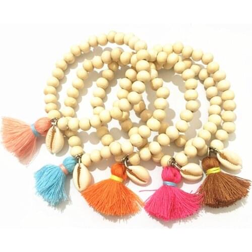 Dongmu jewelry new Bohemian style tassel bracelet 8mm wooden beads girl shell bracelet wild single product birthday gift