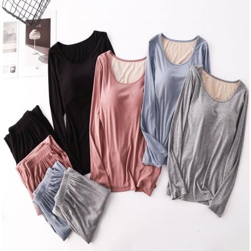 Large Size Womens Pajamas Set Spring Autumn Homewear Pijamas New Modal Cotton Sleepwear Bra Padded Nightwear Pyjamas Suit