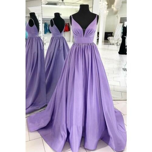Vkbridal Sexy V-Neck Purple Prom Dresses with Pockets Long Stain Party Dresses V Back Formal Evening Gowns for Women