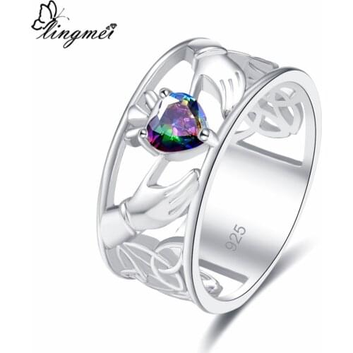 Lingmei Claddah Style Wedding Band Heart Cut Multi & Blue Zircon Silver Color Solitaire Ring Size 6 7 8 9 For Ladies Gifts