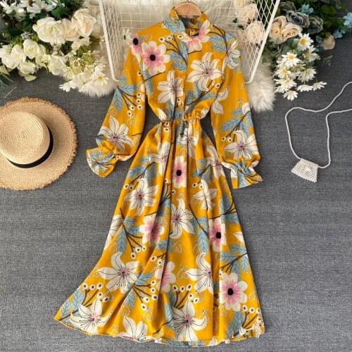 Vintage slim spring 2021 floral print dress midi long chiffon ruffled summer Party dresses Women elegant tunic a-line dress