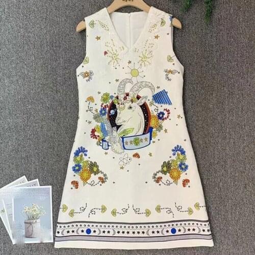 2021 Designer Fashion Vinage Dress Women High Quality Beading Crystral Little Goat printed Mini Dresses