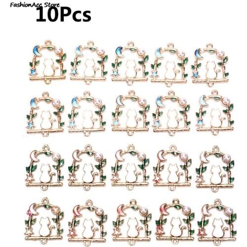 10Pcs/lot Enamel Alloy Beautiful Stars Moon Cat Charms Metal Pendants DIY Jewelry Findings