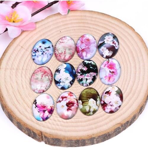 Reidgaller 20pcs Mixed Cherry Blossoms Photo Oval Glass Cabochons 18*25mm 30x40mm diy handmade for Necklace pendants