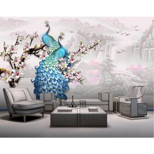 3d wallpaper custom photo mural Chinese relief blue peacock magnolia flower background decor living room wallpaper for walls 3 d