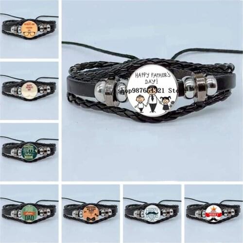 Fathers Day Cartoon Holding Hands Bracelet Warm Family Gift Bracelet Glass Dome Multilayer Braided Bracelet Fathers Day Gift